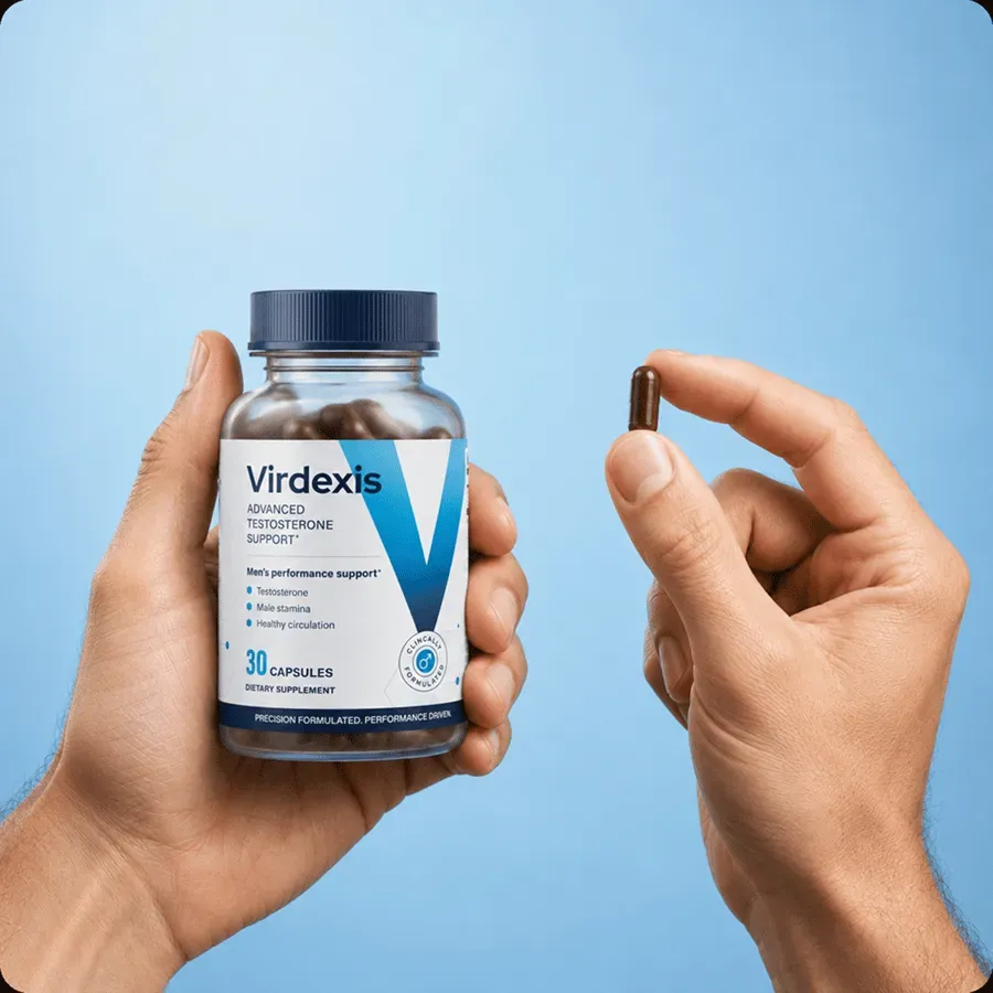Eine Hand hält eine Flasche Virdexis, die andere eine Kapsel